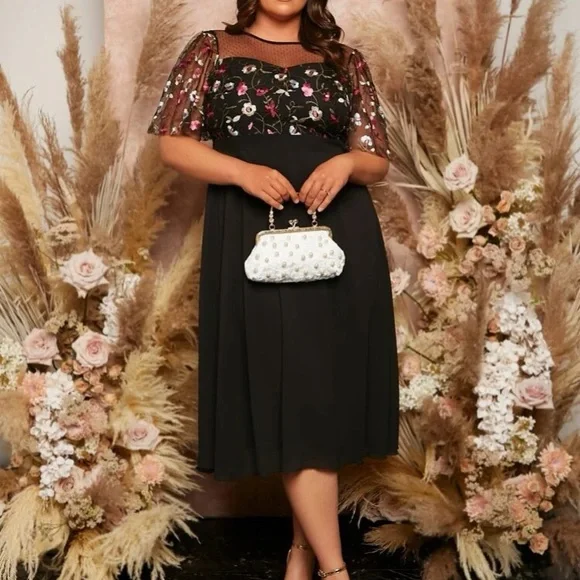 black mesh dress with embroidered flowers Black Sheer Mesh Yoke Flower Embroidered main image 1